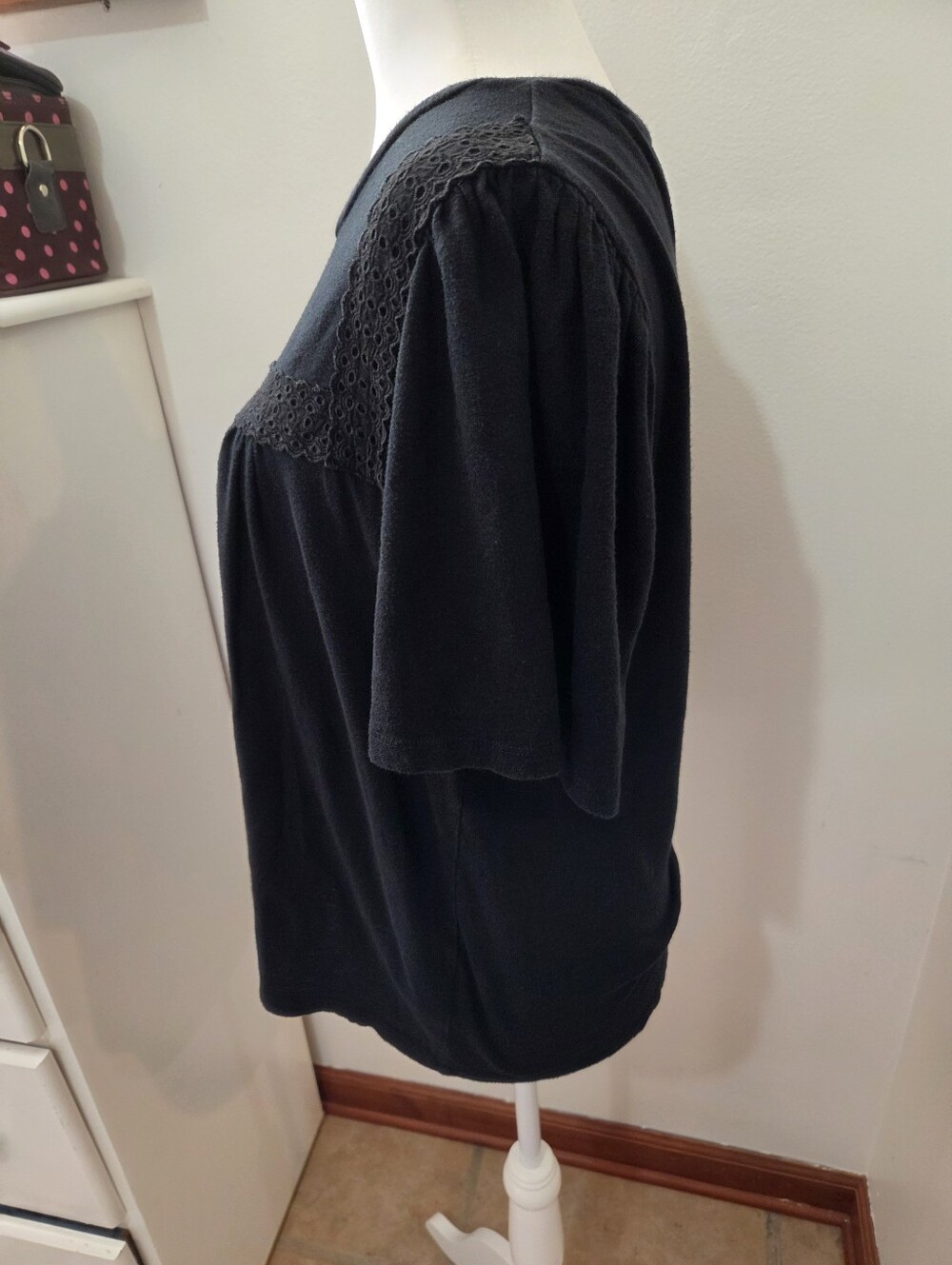 Gap Black Eyelet Babydoll Boho Coastal 3/4 Sleeve Cotton Blouse | Medium - Picture 3 of 8